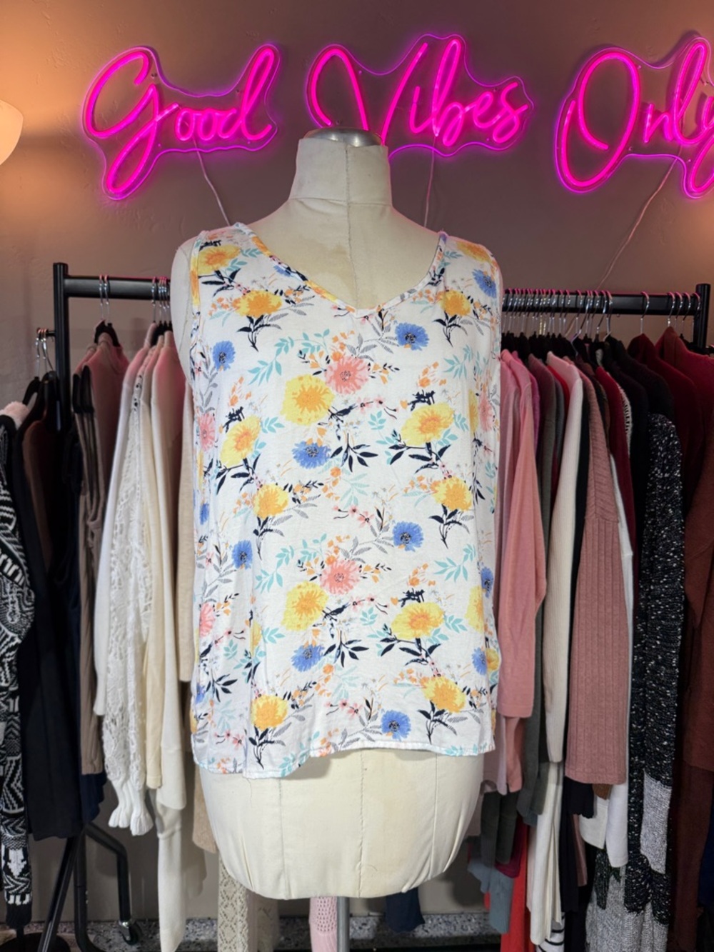 Tribal White Floral V-Neck Camisole with Yellow, Blue & Pink Flowers